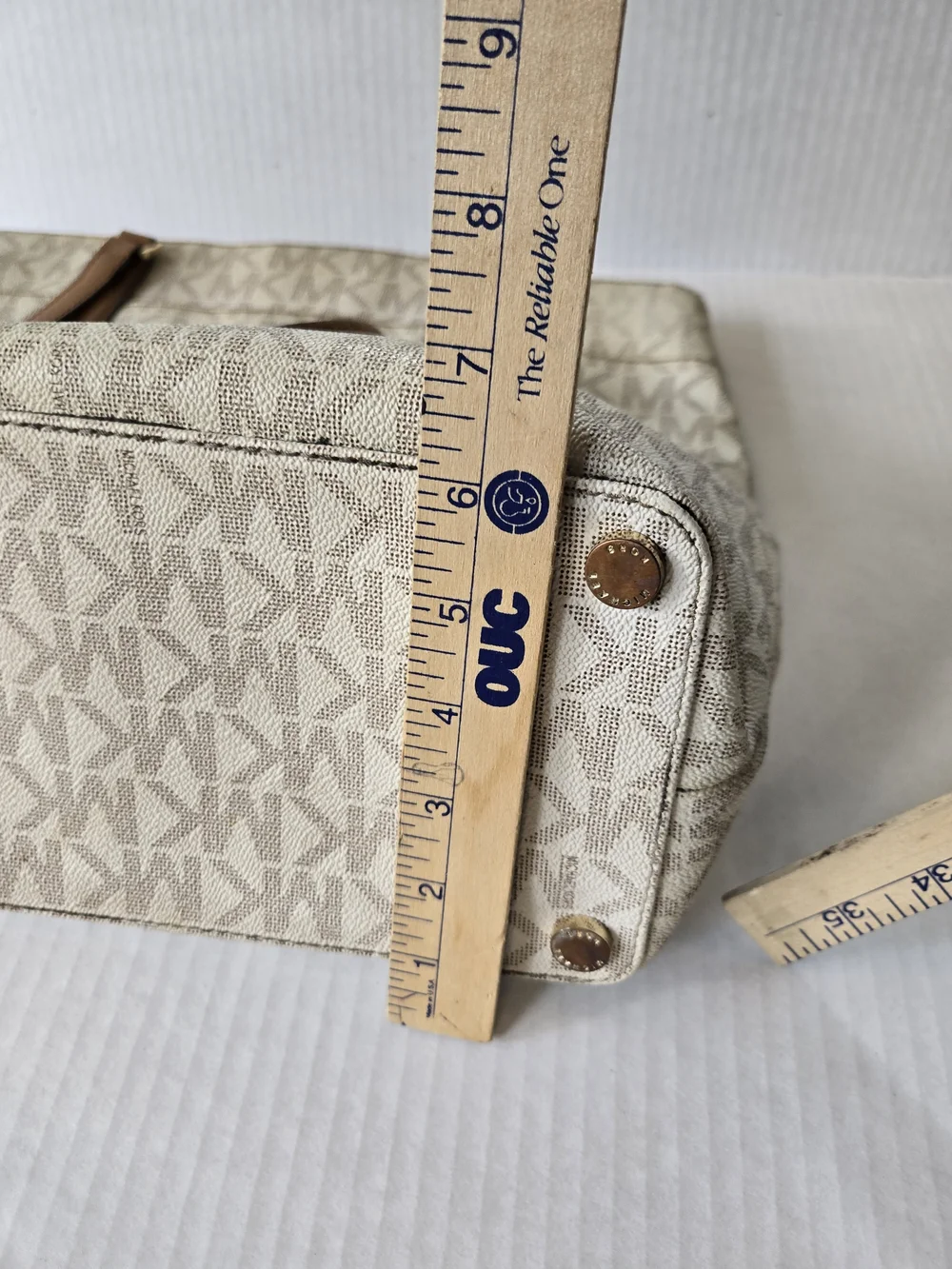 Michael Kors Cream Signature MK Tote with Tan Leather Straps